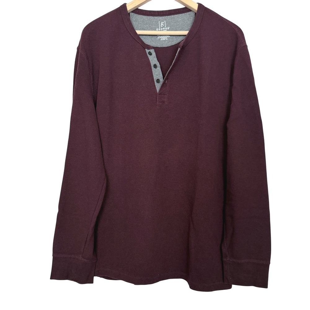 George Henley Shirt Mens 2XL Burgundy Waffle Knit Thermal Long Sleeve